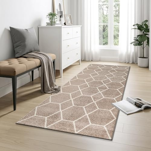 SANAT Wohnzimmerteppich – Pflegeleicht, für jeden Raum geeignet – Öko-Tex zertifizierter Flächenteppich – Trellis Muster, Beige, 80 x 200 cm