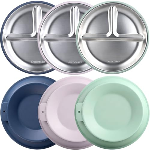 Greentainer Kids SUS304 Stainless Steel Plates with Silicone Suction, Divided Dishes Dessert Pizza Pasta Bread Snack Salad Plate for Children Dishware Tableware Healthy Mealtime, BPA Free,Set of 3