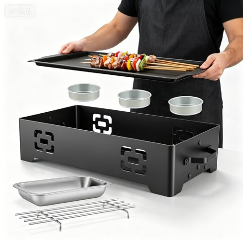 Piastra Scaldavivande per Barbecue, Stufetta con 3 Portacandele (Senza Candele), Piastra Mantieni Calore Alimenti, Vassoio Termico per Esterno, Giardino, Picnic, Feste e Cena all'Aperto