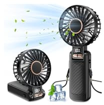 Mini Ventilatore Portatile, 5 Velocità Ventilatore USB Ricaricabile di 4500mAh Batteria（Autonomia 20h）, 180° Girevole Ventilatore Silenzioso, Display a LED, 3 in 1 Ventilatore da Tavolo/Mano/Collo