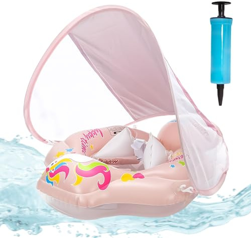 XIMEY Salvagente Neonato con Parasole, Baby Float Gonfiabile per Neonati 3-72 Mesi, Galleggiante Piscina con Cinture di Sicurezza & Camere d’Aria, Protezione UV per Mare e Piscina (F, S)