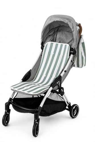 Baby Pasitos Colchoneta Bebé Universal 34x84 cm y/o Bolso Organizador Carro 35x33x10 cm – Accesorios Silla Paseo – Transpirable 3D – Pack Disponible (Colchoneta Rayas Verde Kaki)