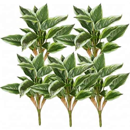 Hotop 5 Pack Variegated Hosta Artificial Plant for Summer Outdoor Decoration, 15.8 Faux Green Dieffenbachia Plant Greenery Aesthetic House Plants Outdoor Shrubs Indoor Office Yard Planter Filler