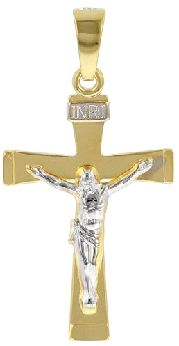 trendor Kruzifix-Anhänger für Herren 585 Gold Bicolor 29 mm 78803 | Goldanhänger für Männer, 14 Karat Gelbgold, Kreuzanhänger mit rhodiniertem Christus-Korpus,