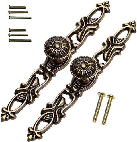 Dophee 2PCS Vintage Cabinet Handles Antique Brass Pull Handle Decorative Drawer Handles 152mm with Screws for Wardrobe Cupboard Dressers Wooden Boxes Kitchen Bedroom