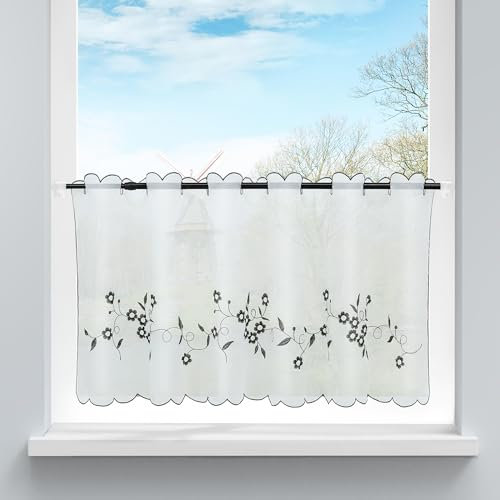 HongYa Voile Scheibengardine Transparenter Cafe Vorhang Kurzstore mit Blüten-Stickerei H/B 45/120 cm Grau