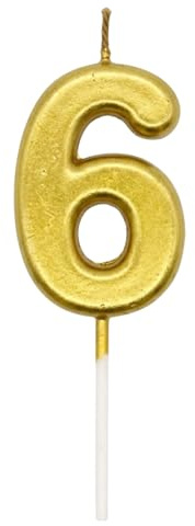 Birthday Number 6 Candle Gold Cake Topper Decorations for 10th 20th 30th 40th 50th Birthday Anniversary Party Supplies Metallic Number Candle Celebration Cake Décor