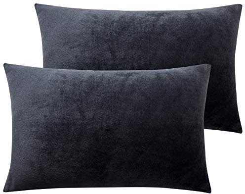 NTBAY 2 Pack Zippered Velvet Standard Pillowcases, Super Soft and Cozy Luxury Fuzzy Flannel Pillow Cases with Zipper, 50x75 cm, Charcoal Grey