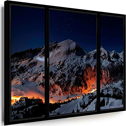Myartstyle - Bilder Berge Alpen Ski Fensterblick 80 x 60 cm Leinwandbild Xxl - Wandbild 1 Teilig - Gerahmter Kunstdruck Winterlandschaft Fenster w-P-2021-70