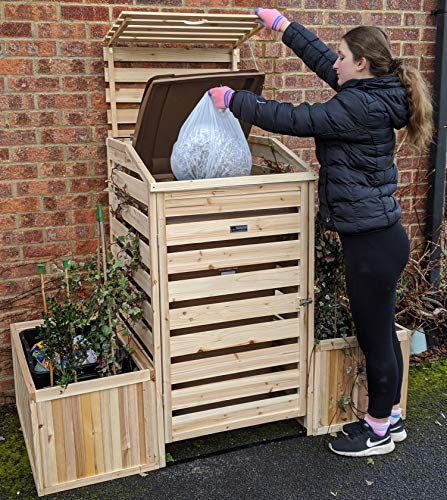 BinGarden Single Wheelie Bin Store with Bi-Fold Roof and matching Planters Garbage Shed for up to 240L Bin / 65G Can Planter Boxes for storage of two Kerbside Recycling Boxes Natural Colour