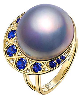 Daesar Damen Ring 18 Karat Gold Mond mit 0.7ct Saphir Lila Mabe Perle Ehering Gold Ring mit Diamant Große 53 (16.9)