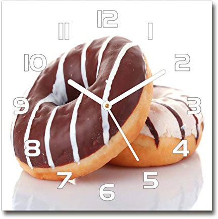 Tulup Glasuhr - 30x30cm - weißen Zeigern - Wanduhr Wandkunst Bild Gehärtetem Glas Uhr Echtglas Küche Wohnzimmer - Donuts mit Schokolade