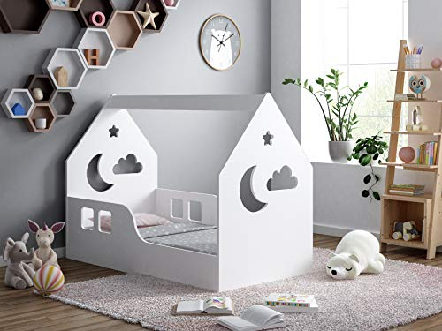 BDW Kinderbett 80x160cm MIT MATRAZE Haus Bettenhaus Hausbett Kinderzimmer Bett Kinder Kiefernholz Weiß