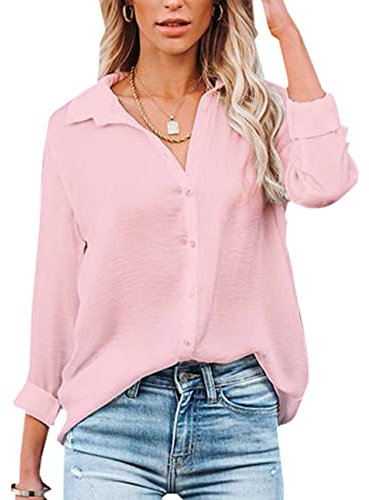 NONSAR Damen Bluse V-Ausschnitt Hemden Elegant Langarm Casual Arbeit Oberteile mit Knöpfen Tops Langarmshirt(9328M,Rosa)