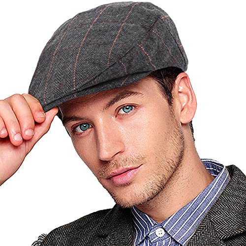 LADYBRO Herringbone Flat Ivy Newsboy Cap für Herren Klassische Wollmischung Tweed Cabbie Hut, 001 Plaid Black, L/XL