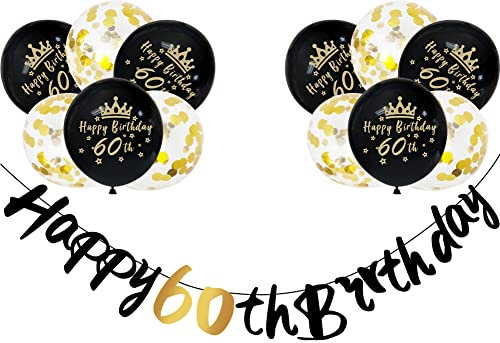 Happy 60th Birthday Banners Men Women 60th Birthday Banner Bunting Black Gold Personalized Including 12 Pack 12” Latex Printed Balloons Women Men 60 Decorations Supplies