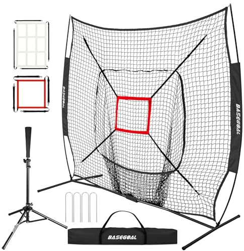 BaseGoal Baseball-Softball-Übungsnetz, Baseball-Rücklaufsperre, mit Schlagtee, zum Schlagen, Schlagen, Fangen mit Bogenrahmen, Bonus-Strike Zone (Schwarz-A)
