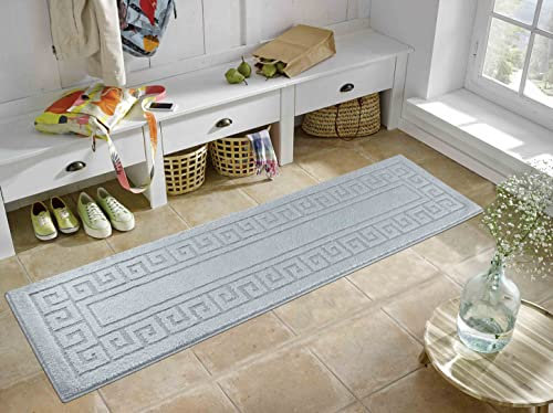 IVY Washable Door Mat Kitchen Mats Non Slip Greek Key Design Kitchen & Hall Runners Doormats, Silver, 60x220 cm