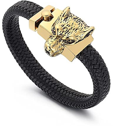 Mens Leather Bracelet, Vintage Armband Herren Gold Gay Men Bracelet Mode Wolfskopf Herren Schmuck Geburstag Geschenk für Männer