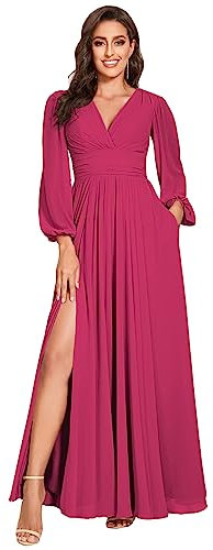 vintys Abito da damigella d'onore con scollo a V da donna con maniche lunghe pieghe in chiffon formale abito da sera per matrimonio VT001, Fucsia, 52