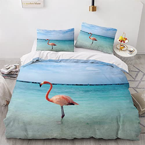 Kinder Bettbezug-Set 3D Muster 3-teilig Rosa Flamingo Teens Bettwäsche-Sets 155X220 Weiche Mikrofaser mit Reißverschluss Blauer Strand Jungen Mädchen Bettbezüge mit 2 Kissenbezug 80x80 cm