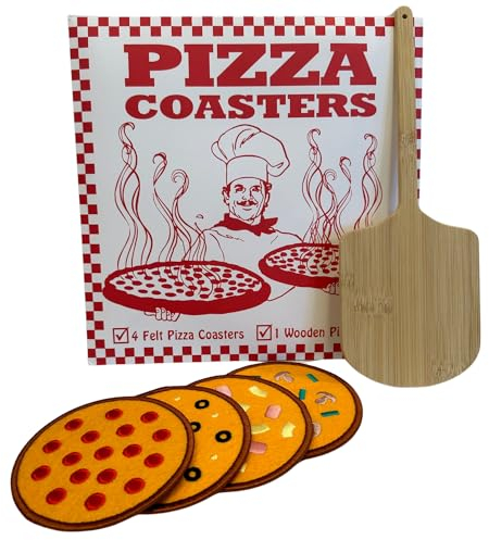 Lustige Untersetzer für Couchtisch,4er Set Filz Pizza Untersetzer für Getränke mit Holz Pizza Paddel Untersetzer Halter,Einweihungsgeschenke neues Zuhause,Einzigartige Geschenke, lustige Geschenke
