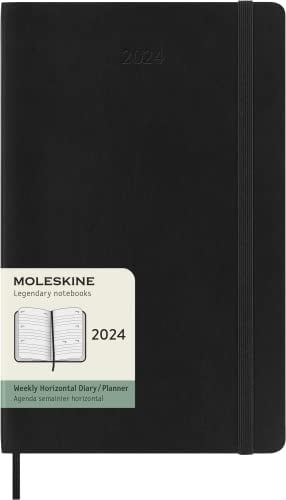 Moleskine Wochenplaner Horizontal 12 Monate 2024, Planer 2024, Großes Format 13x21, Weicher Einband und elastischer Verschluss, Farbe Schwarz
