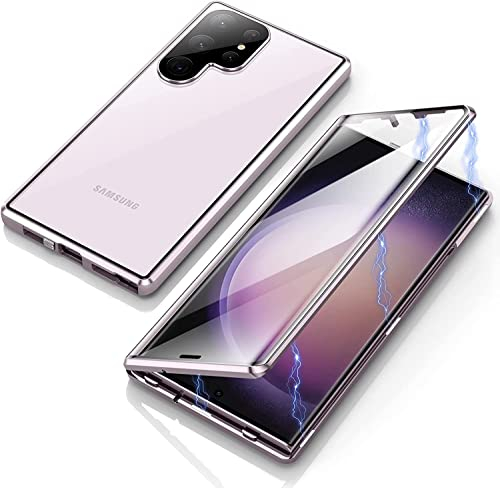 Hülle für Samsung Galaxy S23 Ultra 5G, Magnetische Metallrahmen Handyhülle 360 Grad Full Body Vorne hinten Gehärtetes Glas Schutzhülle Einteiliges Ultra Dünn Flip Transparente Cover