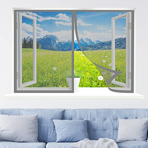Magnetvorhang Fenster, 80 x 50 cm Insektenschutz, Moskitoschutz Fliegenvorhang, Auto Schließen Magnetische Adsorption für Alle Fenster, Grau