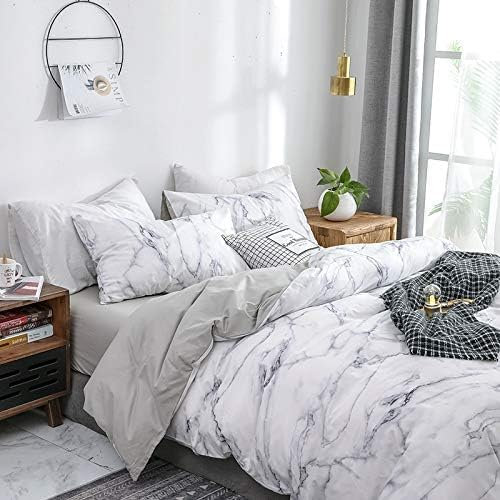 Housse de Couette 220x240 100% Coton Blanche Grise Géométrique Motif Marbre Parure de Lit Adulte Imprimé Blanc et Gris Housse Couette 220 x 240 avec Fermeture Éclair avec 2 Taies d'oreiller 65x65cm