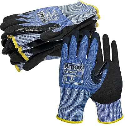 NITREX Unigloves Schnittfeste Handschuhe für allgemeine Handhabung mit sandiger Nitril-Handflächenbeschichtung, NitreGuard-Technologie und NitreGrip-Technologie in Schwarz/Blau, 10 Paar