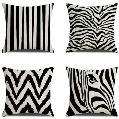 Wasserdichte Kissenbezugen 4er Set 45x45cm Dekorative Outdoor Kissen Wasserfest Atmungsaktiv Zebra Platz Weich Kissenbezüge für Sofa wohnzimmer Garten Outdoor Dekorative Kissen Schwarz Weiß W-4272