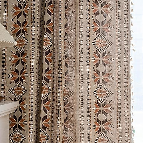 Boho-Vorhänge, 244 cm Länge, 2 Paneele, geometrisch, gemustert, Bohemian, halbtransparent, Stangentasche, Quaste, Fenstervorhang-Paneele für Schlafzimmer, Wohnzimmer, Bauernhaus, Kaffeebraun, Vintage,