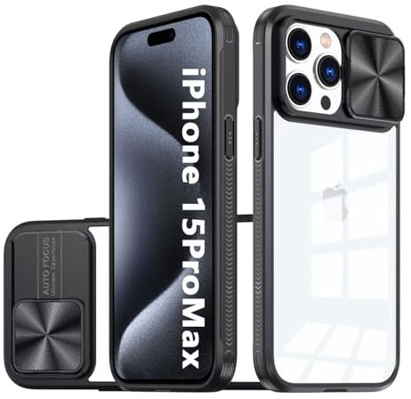 LIUKM Cover per iPhone 15 Pro Max Custodia, Scorrevole Protezione Fotocamera Ultra Sottile Leggero Hard PC Back Cover e TPU Bumper Protettiva Case [Antiurto Antiscivolo AntiGraffio] - Nero