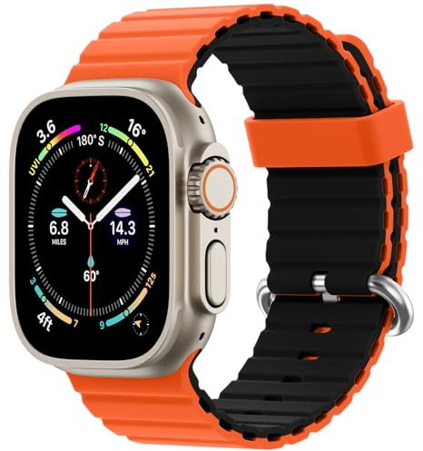 Oielai Ocean Armband kompatibel mit Apple Watch Ultra 49mm 45mm 44mm 42mm, weiches Silikon Sportarmband mit Schnalle für iWatch Ultra 2 Ultra Series 9 8 7 6 5 4 3 2 1, Orange & Schwarz