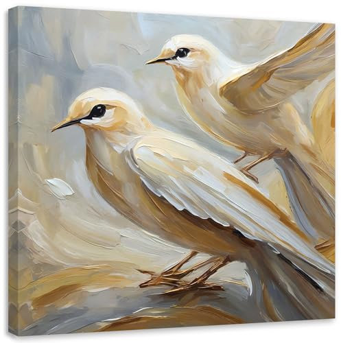 Feeby - Vlies - Leinwand Bilder - Gemalt Vögel Retro - 50x50 cm - Deko Wohnzimmer - Wandbilder Schlafzimmer - Deko Aesthetic - Wand Deko - Leinwand Groß - Deko Zimmer - Leinwandbilder XXL