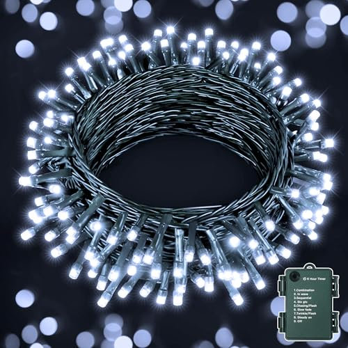 SKYELE Fairy Lights Battery Operated, 10m 100 LEDs Christmas Tree Lights, Waterproof Cool White String Lights Battery Powered with 8 Modes/Indoor/Outside Lights for Garden Wedding Xmas Decorations