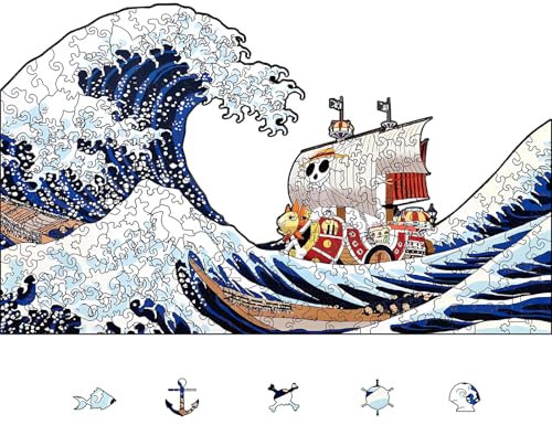 YJacuing Anime One Piece Wooden Jigsaw Puzzles for Adults, 200 Piece Unique Shaped Premium 5mm Wood Puzzles Family Game (Thousand Sunny, Medium)