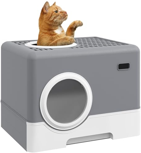PawHut Cat Litter Tray with Hood, Cat Litter Box with Front Entry, Top Exit, Drawer, Tray, Scoop, 38.5H x 52L x 41Wcm - Grey