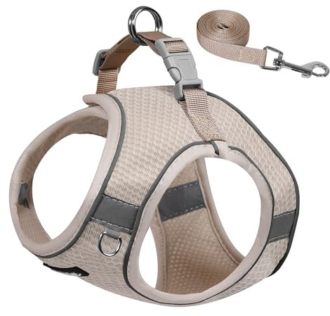 AIITLE Harnais pour chien anti-étranglement réglable avec laisse, maille respirante et boucle à dégagement rapide pour promenade, dressage, course à pied, beige, taille L