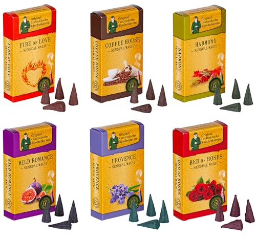 Crottendorfer Räucherkerzen Set mit 6 Düften – Räucherkegel zur Entspannung & Meditation – 144 Cones zum Räuchern Yoga, Pilates, Wellness, Massagen – Made in Germany