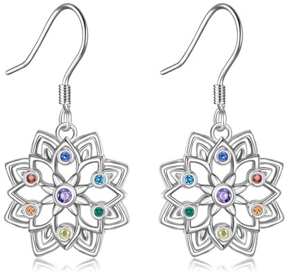 VENACOLY Chakra Ohrringe 925 Sterling Silber Chakra Lotus Ohrringe Lotus Blume dangle Tropfen Ohrringe Yoga Schmuck Geschenk für Frauen