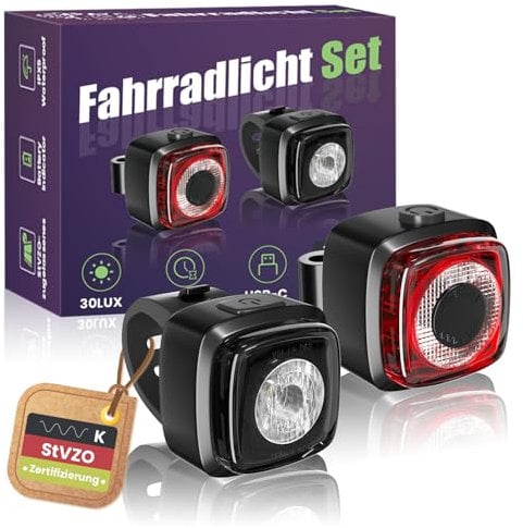 HeatingLux Fahrradlicht Set USB-C Aufladbar Batterie LED Frontlichter + Rücklicht StVZO Zugelassen Fahrradbeleuchtung IPX5 Wasserdicht Fahrradlicht für Rennrad MTB