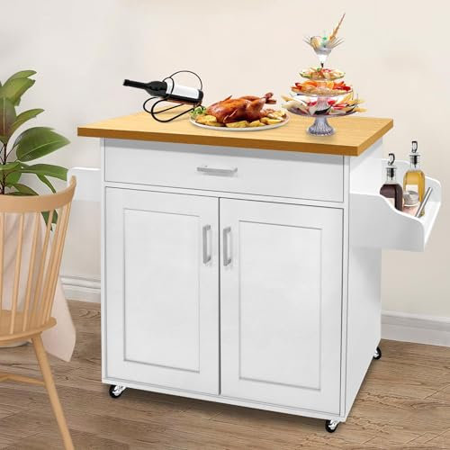 UISEBRT Küchenwagen mit Holz-Arbeitsplatte, Küchenschrank auf Rollen mit Schublade & Ablage, Servierwagen im Landhausstil, Mobiler Küchentrolley,Weiß