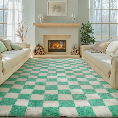 HUGEAR Teppich Kariert Hochflor Teppich Wohnzimmer 180X270cm Grüner Teppich Schlafzimmer Rutschfester Kinderteppich Flauschig Weicher und GemüTlicher Carpet Living Room Kinder Teppich Mädchen Jungs
