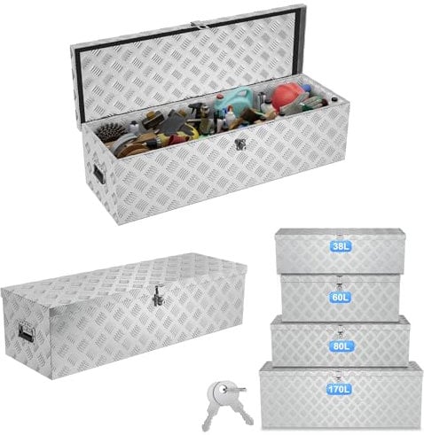ACXIN Boîte de rangement en aluminium 990 x 330 x 254 mm - Boîte à outils en aluminium avec serrure et 2 clés - Boîte à timon verrouillable robuste pour la remorque - Stable et étanche - Argenté