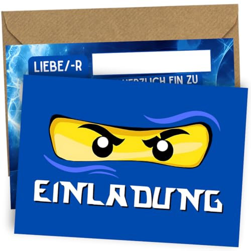 ZETTMANN® 24er Premium Einladungskarten Kindergeburtstag Junge - Set mit 12 Einladungskarten und 12 Umschlägen - Ninja Einladungskarten Geburtstag (Blauer Ninja)