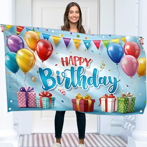 KASKANA Happy Birthday Banner – 150 x 90 cm blauer Hintergrund mit 4 Messinglöchern – Geburtstagsdekoration