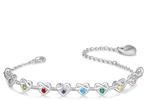 kaululu Personalisierte Damen Armband mit Gravur Namen Herz Armband mit Geburtssteinen für Mama Frau Oma Frauen Jewerly Geschenke Weihnachten Muttertag