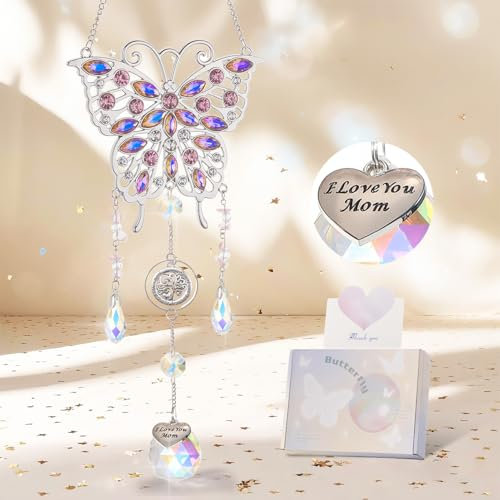 Emibele Crystal Suncatcher for Mom, Butterfly Suncatcher with Heart Charm I Love You Mom, Sun Catcher Gifts for Mom, Hanging Butterfly Home Decoration, Birthday for Mom, Silver